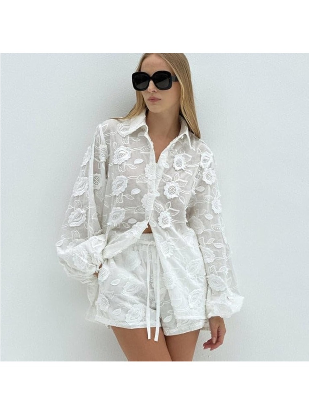 White Embroidered Lace Set | Sheer Button Down & Shorts | Chic Resort Outfit